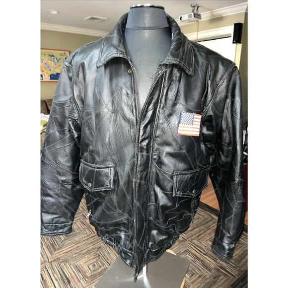 Men’s Harley Davidson Eagle Flag Embroidered Black‎ Leather Jacket Large - Picture 1 of 10